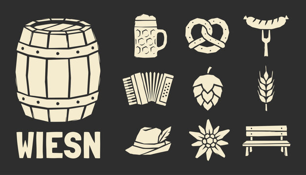 Bavarian beer festival icon set in minimalist vintage style for traditional celebrations