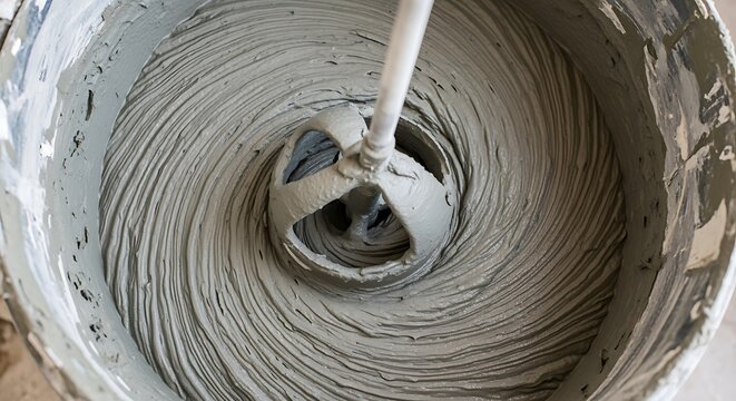 Mixing Wet Grey Cement Adhesive in a Bucket with a Power Tool