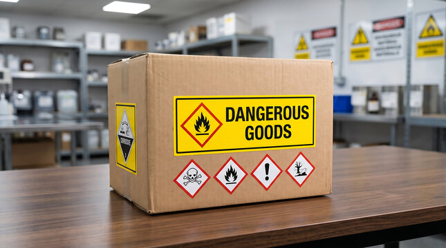 Cardboard box with dangerous goods label and various hazard symbols including flammable and toxic warnings, international shipping.