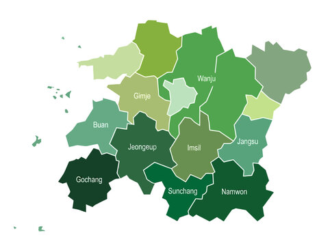 Green Vector Map of Jeonbuk Province South Korea with Administrative Districts