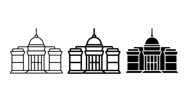 Government Building Icons, Capitol Building Outline, Classic Architecture Silhouette, Vector Set