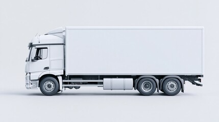 Naklejka premium Side view of large blank cargo box white delivery truck isolated on light gray background ready for custom brand logo and advertising design work