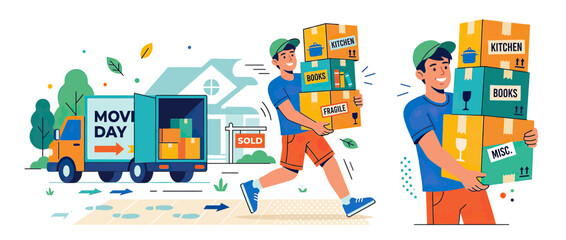 Naklejka premium Moving Day Service: Man Carrying Boxes Near Truck and House
