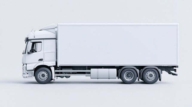 Side view of large blank cargo box white delivery truck isolated on light gray background ready for custom brand logo and advertising design work