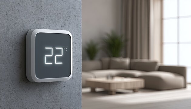 Modern smart thermostat displays 22 degrees Celsius in a cozy living room