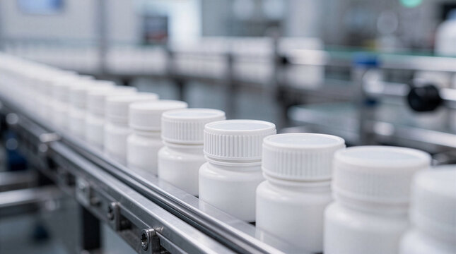 Automated Pharmaceutical Packaging Line with White Medicine Bottles on a High-Speed Conveyor Belt in a Modern Factory Cleanroom