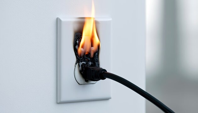 A burning electrical outlet with a black plug inserted, sparks fly