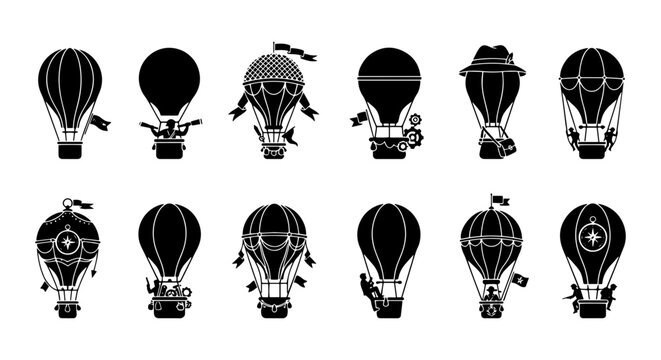 Steampunk Hot Air Balloons, Vintage Airships Collection, Retro Aviation Icons, 15 Vector Elements