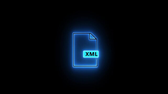 Glowing Neon XML File Icon on Dark Background for Extensible Markup Language, Data Exchange, Web Development and Digital Technology Concept