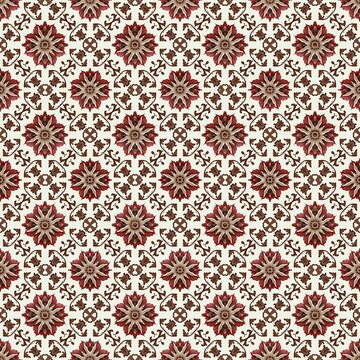Seamless vintage damask pattern with intricate red floral mandalas and green vines. Luxury classic fabric design perfect for elegant wallpaper, textiles, and antique decor.