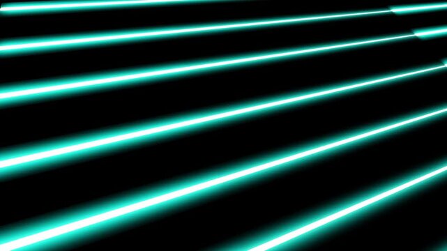 Cyan neon glowing light lines animation loop, futuristic laser beam perspective background for VJ stage display
