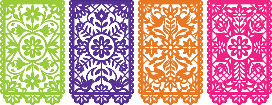 Colorful Mexican papel picado banner templates with floral and bird patterns for traditional festive party decoration vector illustration