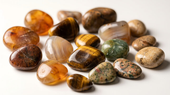 Diverse collection of polished gemstones and tumbled minerals placed on white backdrop showcasing tiger eye jasper and agate stones for metaphysical or interior decoration.