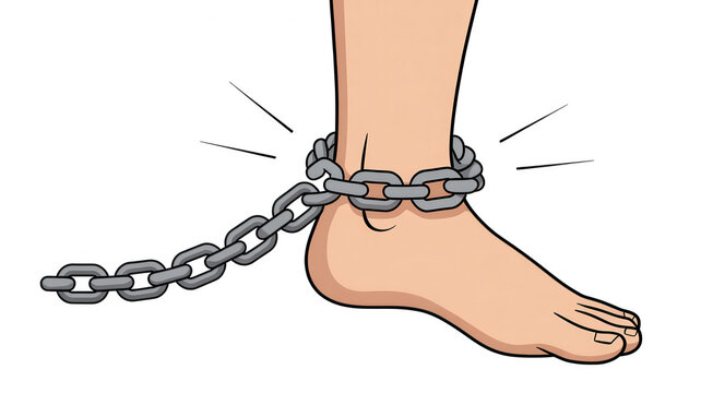 Illustration of a human foot shackled with a metal chain isolated on transparent background
