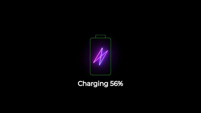 zoom in neon battery charging animation with smooth percentage progress.