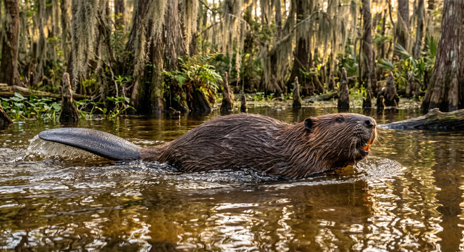 North American beaver swimming in a swamp with its tail splashing water and cypress trees in the background during golden hour