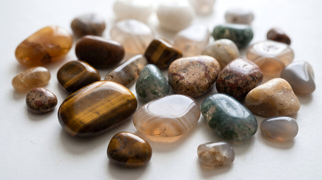 Natural polished gemstone assortment scattered on white background featuring tiger eye agate and various mineral stones for spiritual healing or home decorative jewelry display.