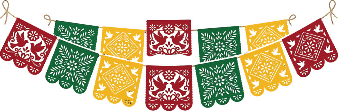 Mexican papel picado banner with colorful cut paper flags featuring bird and floral patterns for festive holiday decoration