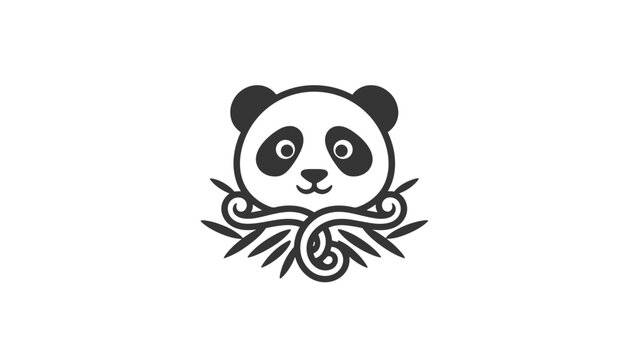 Minimalist black and white panda face logo decorated with elegant bamboo leaves on a clean white background.