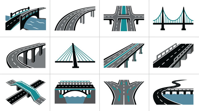 Infrastructure bridge and highway architectural icons.