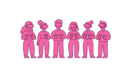 Group of diverse characters wearing VR headsets and holding controllers in a minimalist pink line art style. © Ariel Vectzy