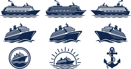 Cruise Ship and Luxury Ocean Liner Silhouette Vector Icon Set Featuring Nautical Badges, Waves, Anchor, and Sunburst Elements for Marine Tourism Designs © Ajad