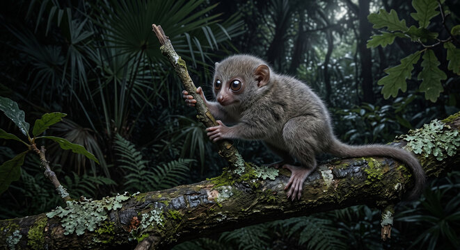 Adorable small bushbaby or galago primate with big eyes clinging to a mossy branch in a dark tropical forest horizontal