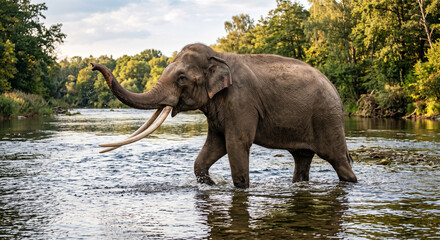 Fototapeta premium Majestic Asian elephant with long tusks walking through a shallow river with water splashing from its trunk on a sunny day