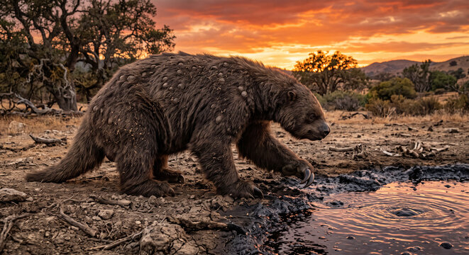 Prehistoric ground sloth walking through a dry landscape at sunset with a dramatic sky and water puddle