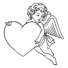 Obraz premium vintage angel baby holding big heart symbol for valentine's day line art drawing