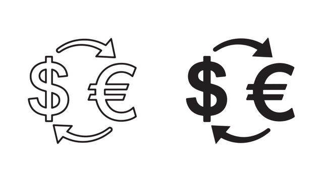 Dollar and euro currency symbols with bidirectional arrows, in outline and solid black, representing currency exchange, financial trading, and conversion