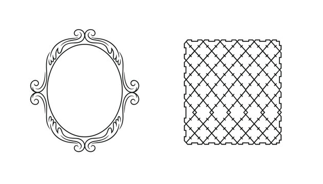 Beautiful classic decorative oval frame and elegant quilted lattice pattern design template in black line art.