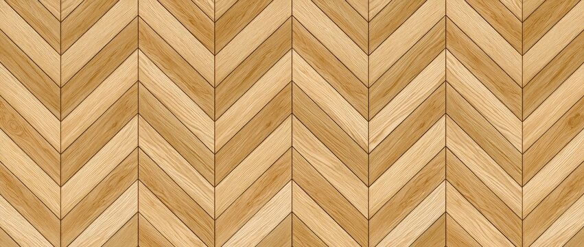 Natural wood parquet flooring in a repeating chevron pattern with alternating light and dark tones