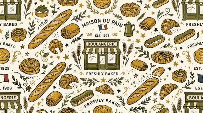 French Bakery Pattern: Croissants, Baguettes, Pastries & Cafe Decor