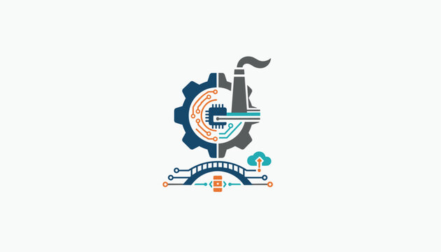 Integrated industrial technology icon with gear system, microchip circuit, smart bridge, and manufacturing factory.