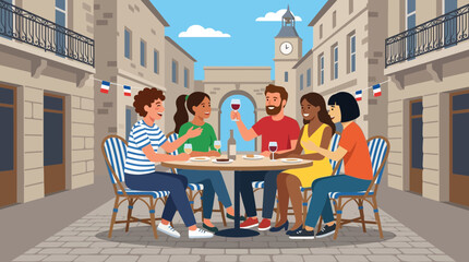 Diverse Friends Enjoying Wine at an Outdoor French Cafe Table © Tom
