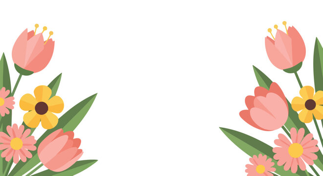 Vibrant pink tulips and yellow daisies beautifully frame the bottom corners of a clean white background in this elegant floral vector.