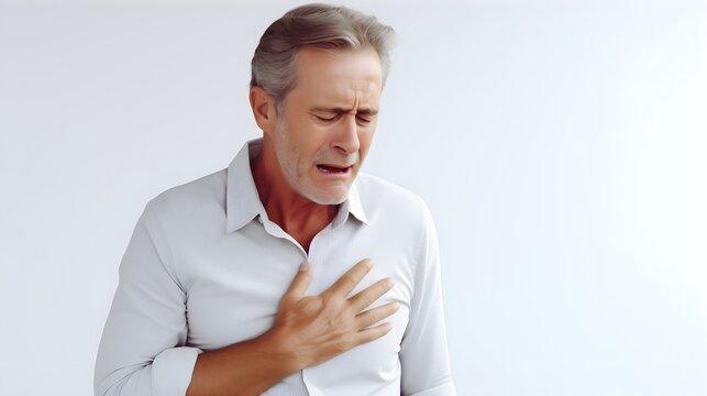 man suffering from sudden chest pain and a heart attack, clutching his chest in medical distress as a severe emergency health symptom.