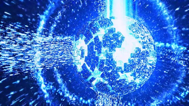Abstract digital sphere of blue light particles dissolving and transmitting data in sci-fi network motion concept