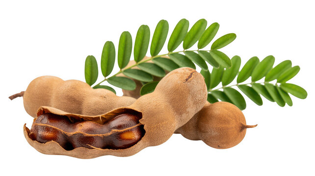 Fresh tamarind fruit with green leaves isolated on transparent background