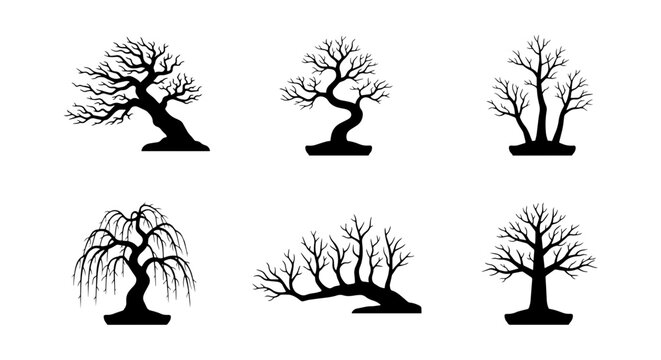 Silhouette Bonsai Trees, Stylized Japanese Garden Elements, Minimalist Black Vector Art