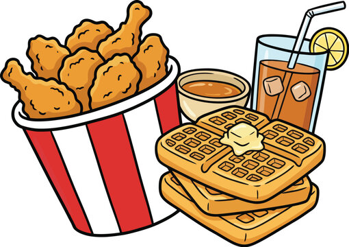 Bucket of crispy fried chicken pieces with bowl of gravy and waffles topped with butter for breakfast.