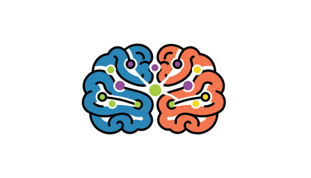 Colorful brain infographic depicting left and right hemispheres with connected nodes representing mind mapping and cognitive logic.