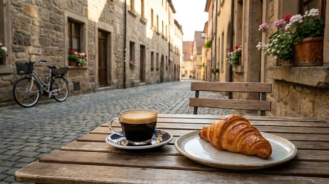 Fresh coffee and croissant on a wooden table in a quiet european street. kaffe pause