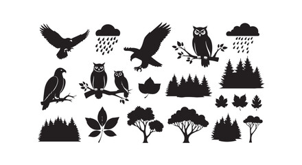 Nature elements collection with eagle owl forest trees and rainy cloud weather icons set. © vimi