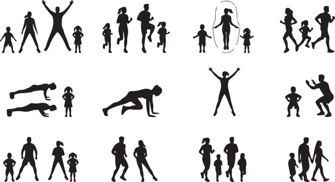 Black silhouettes of families and children exercising together, including jumping jacks, running, and planks on a white background