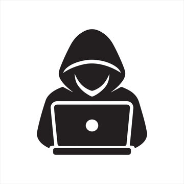 Cyber hacker silhouette working on laptop computer digital security breach concept icon.