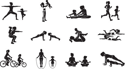 Black silhouettes of mothers and children exercising together, including yoga, running, swimming, cycling, and jumping rope at home © RobiulIslam