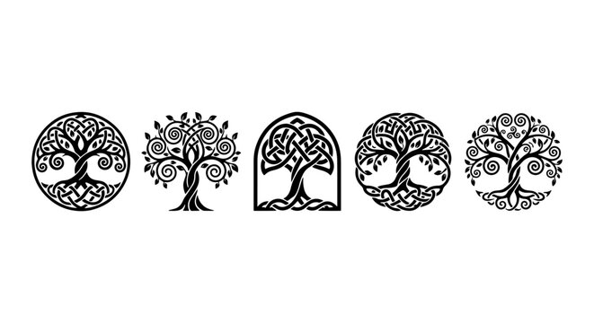 Celtic Tree of Life Vector Icons, Norse Mythology Symbols, Ancient Spiritual Art Collection