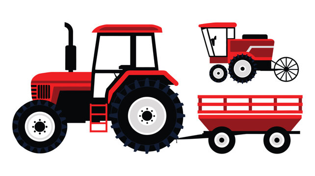 Colorful tractor and farm trailer agricultural vehicle illustration